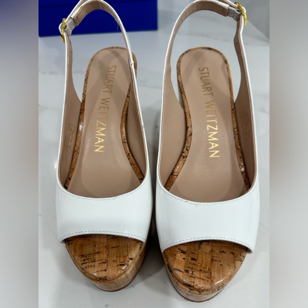 Stuart Weitzman Riveria White, PRK-Pat/Cork Wedge